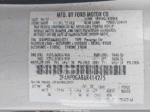 Aukcja sprzedaży 2010 Ford Fusion S, vin: 3FAHP0GA8AR414275, numer aukcji: 45063135