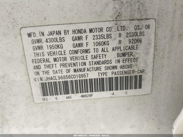 45063153 :رقم المزاد ، JH4CL96856C018957 vin ، 2006 Acura Tsx مزاد بيع