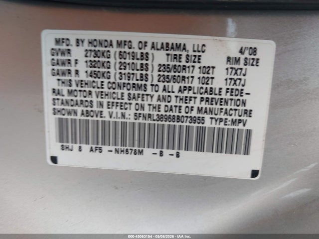 Продаж на аукціоні авто 2008 Honda Odyssey Touring, vin: 5FNRL38968B073955, номер лоту: 45063154