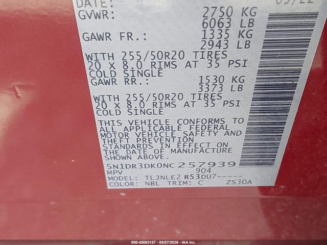 Продажа на аукционе авто 2022 Nissan Pathfinder Platinum 4wd, vin: 5N1DR3DK0NC257939, номер лота: 45063157