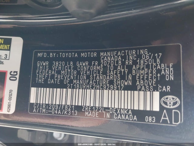Продаж на аукціоні авто 2017 Toyota Corolla Le, vin: 2T1BURHE2HC929917, номер лоту: 45063160