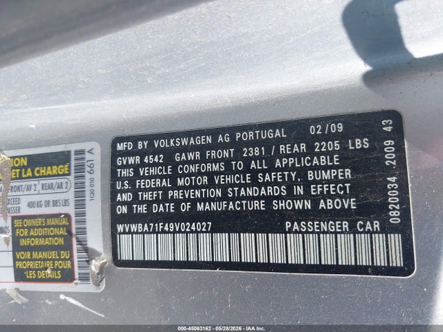 2009 Volkswagen Eos Komfort მანქანა იყიდება აუქციონზე, vin: WVWBA71F49V024027, აუქციონის ნომერი: 45063162