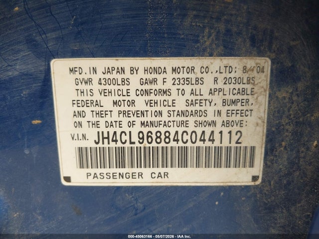2004 Acura Tsx მანქანა იყიდება აუქციონზე, vin: JH4CL96884C044112, აუქციონის ნომერი: 45063166