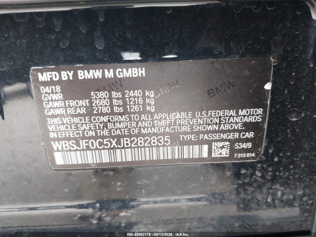 45063179 :رقم المزاد ، WBSJF0C5XJB282835 vin ، 2018 Bmw M5 مزاد بيع