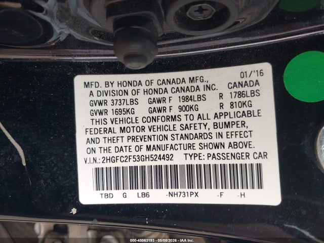 Aukcja sprzedaży 2016 Honda Civic Lx, vin: 2HGFC2F53GH524492, numer aukcji: 45063193