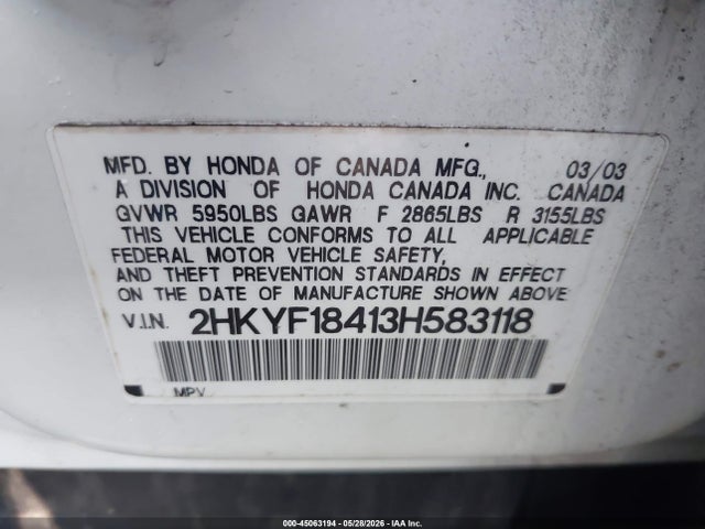 Aukcja sprzedaży 2003 Honda Pilot Ex, vin: 2HKYF18413H583118, numer aukcji: 45063194