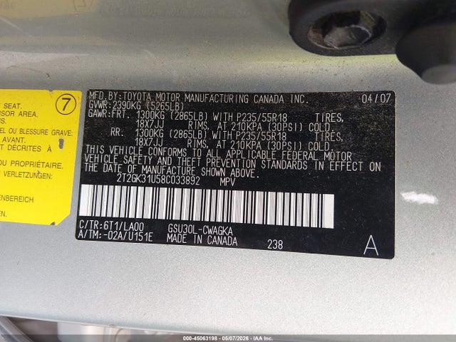 Auction sale of the 2008 Lexus Rx 350, vin: 2T2GK31U58C033892, lot number: 45063198