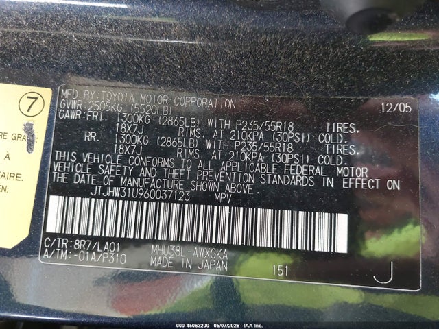 Aukcja sprzedaży 2006 Lexus Rx 400h, vin: JTJHW31U960037123, numer aukcji: 45063200