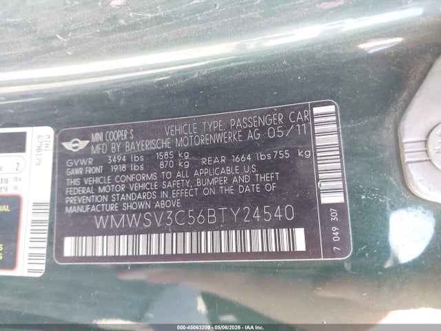 Продажа на аукционе авто 2011 Mini Cooper S, vin: WMWSV3C56BTY24540, номер лота: 45063209