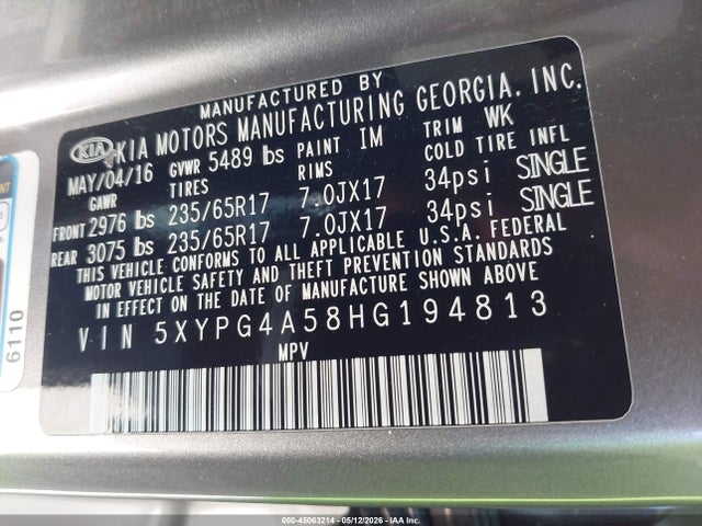 5XYPG4A58HG194813 KIA Sorento 3.3l Lx