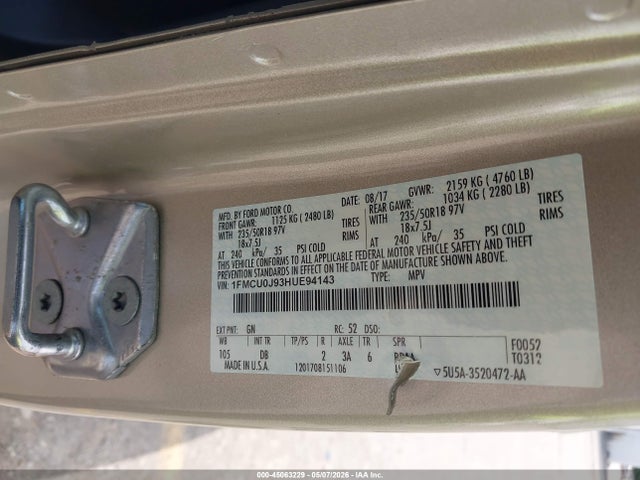 Aukcja sprzedaży 2017 Ford Escape Titanium, vin: 1FMCU0J93HUE94143, numer aukcji: 45063229