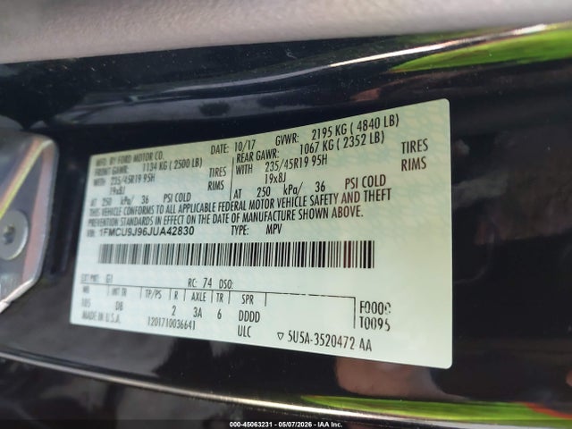 Продажа на аукционе авто 2018 Ford Escape Titanium, vin: 1FMCU9J96JUA42830, номер лота: 45063231