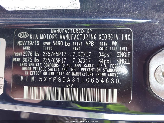 45063240 :رقم المزاد ، 5XYPGDA31LG654630 vin ، 2020 Kia Sorento 2.4l Lx مزاد بيع
