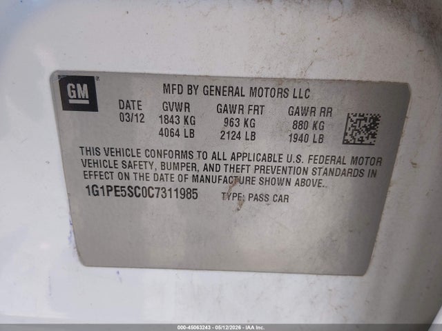 2012 Chevrolet Cruze Lt მანქანა იყიდება აუქციონზე, vin: 1G1PE5SC0C7311985, აუქციონის ნომერი: 45063243