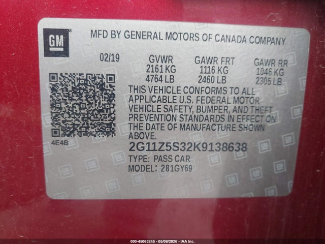 45063245 :رقم المزاد ، 2G11Z5S32K9138638 vin ، 2019 Chevrolet Impala Lt مزاد بيع