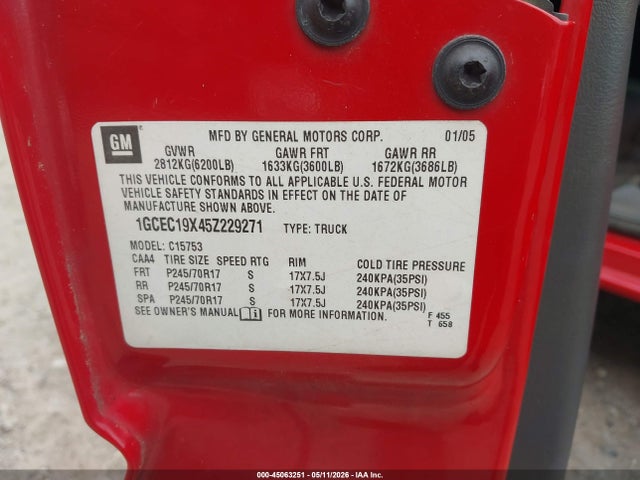 Продаж на аукціоні авто 2005 Chevrolet Silverado 1500 Work Truck, vin: 1GCEC19X45Z229271, номер лоту: 45063251
