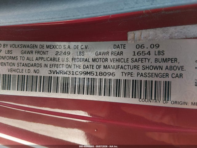 Aukcja sprzedaży 2009 Volkswagen New Beetle 2.5l, vin: 3VWRW31C99M518096, numer aukcji: 45063265