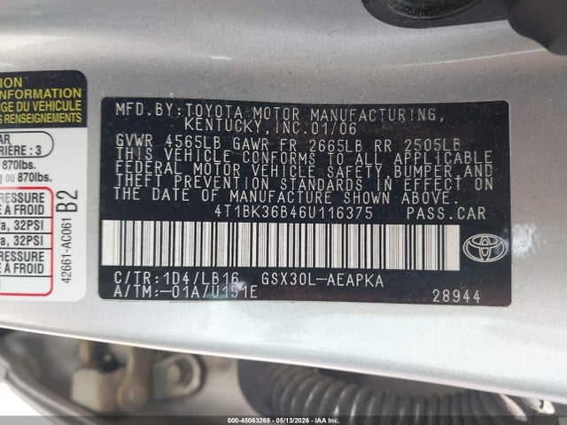 Aukcja sprzedaży 2006 Toyota Avalon Limited, vin: 4T1BK36B46U116375, numer aukcji: 45063268