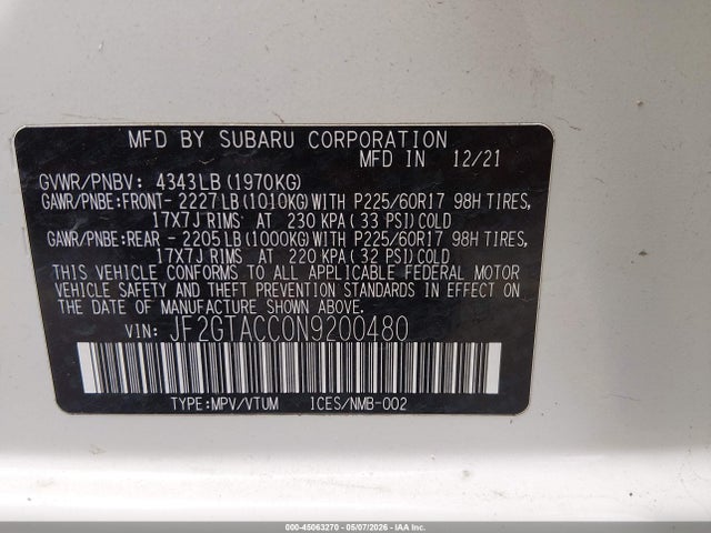 Aukcja sprzedaży 2022 Subaru Crosstrek Premium, vin: JF2GTACC0N9200480, numer aukcji: 45063270