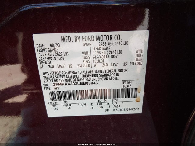 Продажа на аукционе авто 2020 Ford Edge Sel, vin: 2FMPK4J93LBB08043, номер лота: 45063285