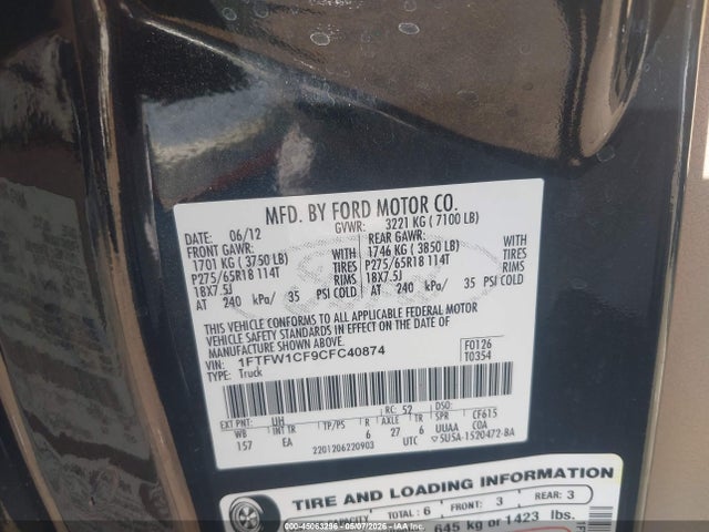 Aukcja sprzedaży 2012 Ford F-150 Lariat, vin: 1FTFW1CF9CFC40874, numer aukcji: 45063296