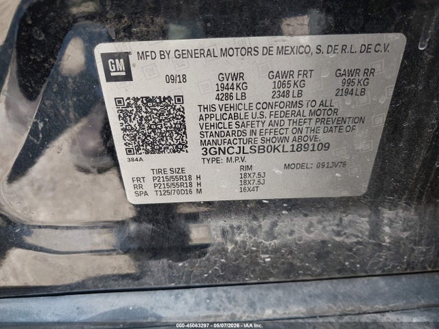 2019 Chevrolet Trax Lt მანქანა იყიდება აუქციონზე, vin: 3GNCJLSB0KL189109, აუქციონის ნომერი: 45063297