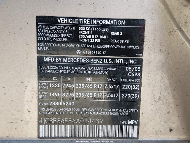 45063302 :رقم المزاد ، 4JGBB86E86A014439 vin ، 2006 Mercedes-benz Ml 350 4matic مزاد بيع