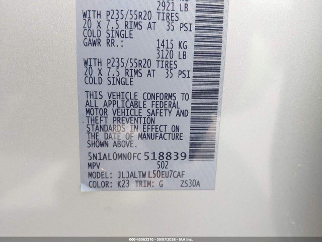 45063310 :رقم المزاد ، 5N1AL0MN0FC518839 vin ، 2015 Infiniti Qx60 مزاد بيع