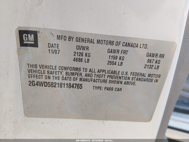 Aukcja sprzedaży 2008 Buick Lacrosse Cxl, vin: 2G4WD582181184765, numer aukcji: 45063315