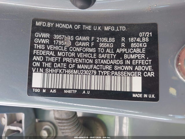 SHHFK7H66MU230279 Honda CIVIC EX