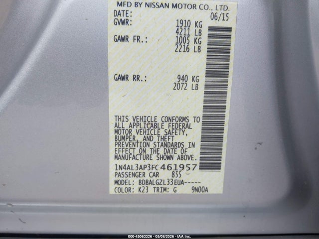 Aukcja sprzedaży 2015 Nissan Altima, vin: 1N4AL3AP3FC461957, numer aukcji: 45063326