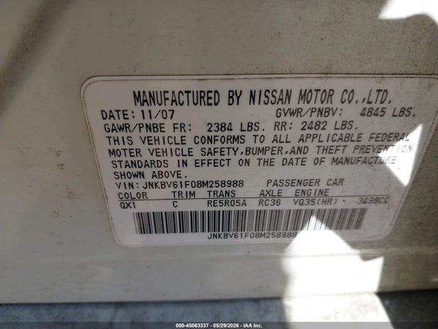 Aukcja sprzedaży 2008 Infiniti G35x, vin: JNKBV61F08M258988, numer aukcji: 45063337