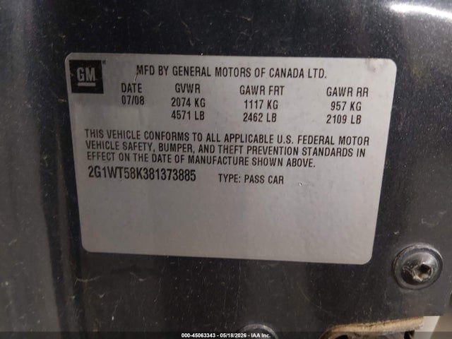 45063343 :رقم المزاد ، 2G1WT58K381373885 vin ، 2008 Chevrolet Impala Lt مزاد بيع
