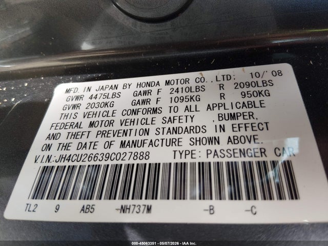 Auction sale of the 2009 Acura Tsx, vin: JH4CU26639C027888, lot number: 45063351
