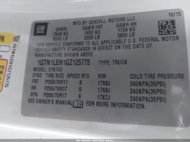 Aukcja sprzedaży 2016 Gmc Sierra 1500, vin: 1GTN1LEH1GZ125775, numer aukcji: 45063356