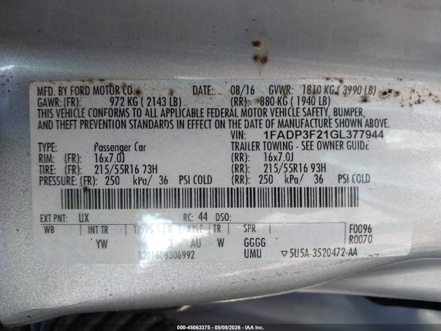 45063375 :رقم المزاد ، 1FADP3F21GL377944 vin ، 2016 Ford Focus Se مزاد بيع