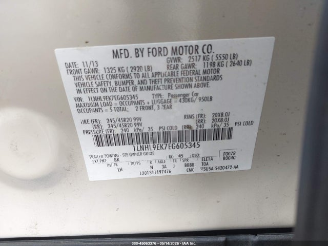 Продаж на аукціоні авто 2014 Lincoln Mks, vin: 1LNHL9EK7EG605345, номер лоту: 45063376