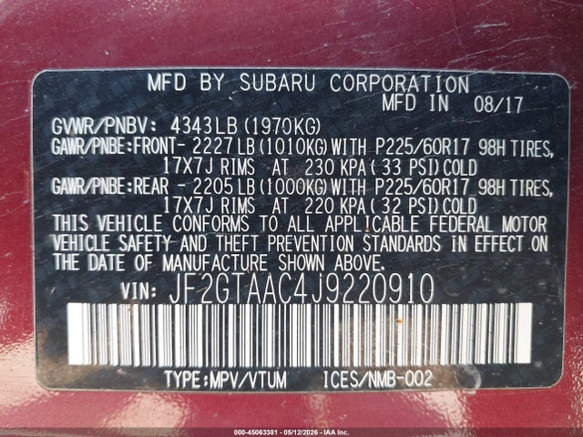 Aukcja sprzedaży 2018 Subaru Crosstrek 2.0i, vin: JF2GTAAC4J9220910, numer aukcji: 45063381