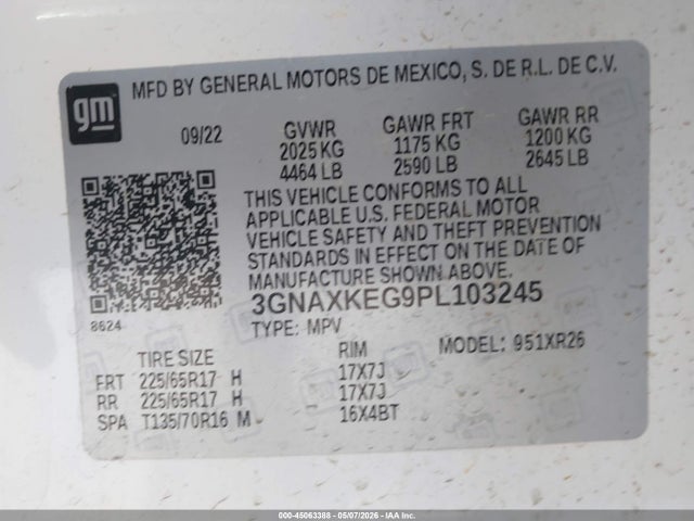 Aukcja sprzedaży 2023 Chevrolet Equinox Fwd Lt, vin: 3GNAXKEG9PL103245, numer aukcji: 45063388