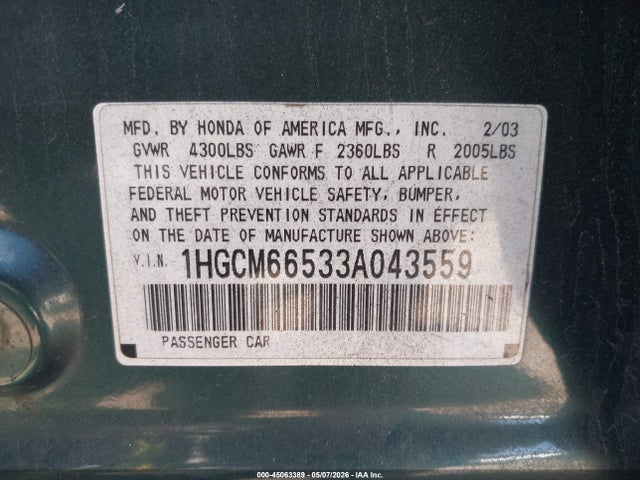 Продажа на аукционе авто 2003 Honda Accord 3.0 Ex, vin: 1HGCM66533A043559, номер лота: 45063389