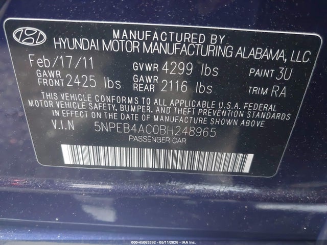 Aukcja sprzedaży 2011 Hyundai Sonata Gls, vin: 5NPEB4AC0BH248965, numer aukcji: 45063392