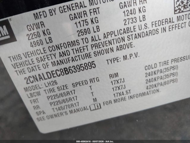 Aukcja sprzedaży 2011 Chevrolet Equinox 1lt, vin: 2CNALDEC8B6395895, numer aukcji: 45063416