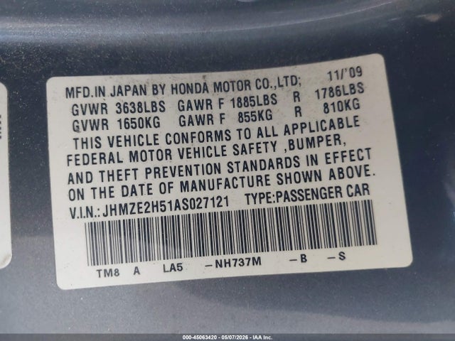 45063420 :رقم المزاد ، JHMZE2H51AS027121 vin ، 2010 Honda Insight Lx مزاد بيع