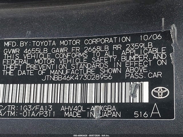 Продажа на аукционе авто 2007 Toyota Camry Hybrid, vin: JTNBB46K473028956, номер лота: 45063428