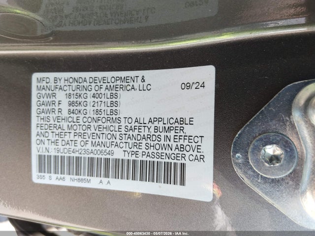 45063430 :رقم المزاد ، 19UDE4H23SA006549 vin ، 2025 Acura Integra مزاد بيع