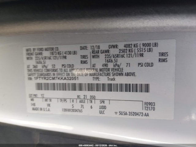 45063442 :رقم المزاد ، 1FTYR2CM7KKA32051 vin ، 2019 Ford Transit-250 مزاد بيع