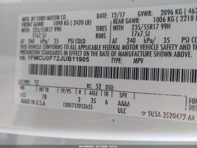 Aukcja sprzedaży 2018 Ford Escape S, vin: 1FMCU0F72JUB11905, numer aukcji: 45063441