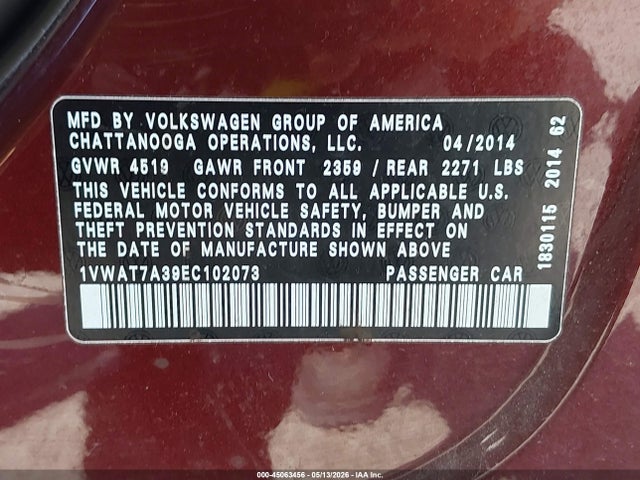 Aukcja sprzedaży 2014 Volkswagen Passat 1.8t Wolfsburg Edition, vin: 1VWAT7A39EC102073, numer aukcji: 45063456