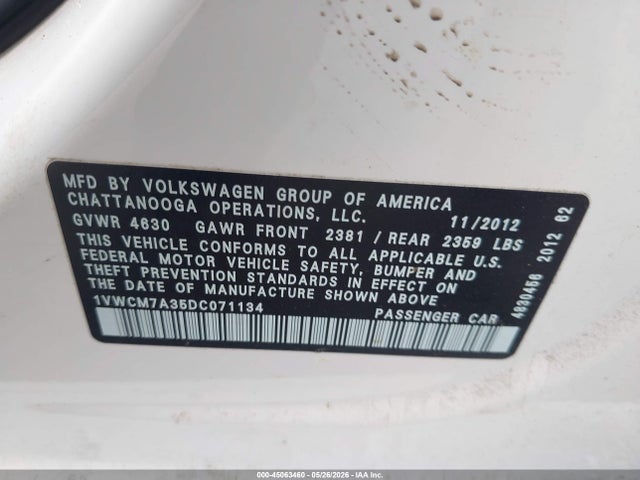 2013 Volkswagen Passat 3.6l V6 Sel Premium მანქანა იყიდება აუქციონზე, vin: 1VWCM7A35DC071134, აუქციონის ნომერი: 45063460