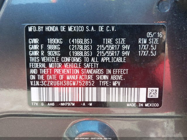 Продажа на аукционе авто 2016 Honda Hr-v Lx, vin: 3CZRU6H38GM752852, номер лота: 45063461